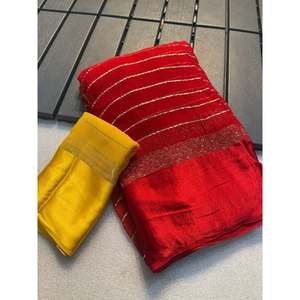 นักออกแบบ georgette zari ทำงาน Saree กับเสื้อ unstitched สีแดงกับสีเหลือง - Product Image 1