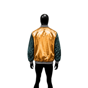 Chaqueta Varsity Personalizada en Satén Dorado y Verde Azulado Oscuro, Chaqueta Bomber de Béisbol Brillante Premium con Mangas en Contraste y Rayas Blancas y Negras - Product Image 2