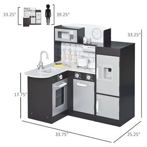 Cucina in legno per bambini e fontanella fingi giochi da cucina Set nero microonde e frigorifero con accessori inclusi - Product Image 3