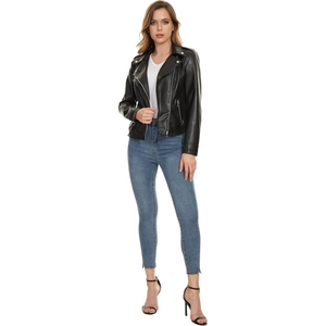 Women's <b>Black</b> Leather Moto <b>Jacket</b> Slim Fit Zipper Closure Turn-Down Collar Regular Length Solid Color Autumn Wear - Product Image 5
