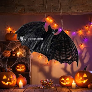 Décoration suspendue en rotin, chauve-souris noire de luxe en osier, chauve-souris volante effrayante, ornement durable gothique pour table et plafond d'Halloween - Product Image 2