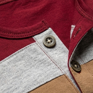 Mens Wine Red Henley Shirt Long Sleeve Color Block T Shirts Fashion Striped Cut Sew Cotton Knit Casual Pullover Tee Shirts Slim - Product Image 3