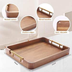 Wooden Rectangle <b>Storage</b> <b>Tray</b> With Gold Handles Minimalist Design For Table Use Easy To Clean Varnished Finish Single Tier - Product Image 3