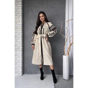 Robe pour femme brodée à la main en Ukraine, 100% coton, unie, décontractée, longue, coupe A, beige - Product Image 6