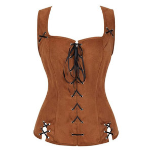 <b>Women's</b> <b>Brown</b> <b>Leather</b> Corset Vest with Criss-Cross Lace-Up Back Strapless Casual Waterproof Outerwear - Product Image 3