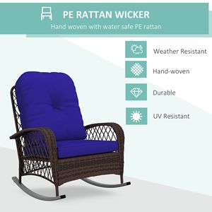 Sedia a dondolo in rattan blu scuro per appartamento, sedia a dondolo da esterno in vimini con telaio in acciaio e cuscino in poliestere per patio, giardino, cortile - Product Image 4