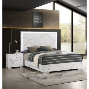 Mesita de Noche Contemporánea de Madera con Detalles Geométricos Audaces, Acabado Blanco Brillante, Dos Cajones - Product Image 5