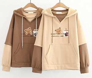 <b>Cute</b> Bear Milk Tea Printed Hooded <b>Sweatshirt</b> Regular Sleeve Oversized Casual Knitted Unisex Plus Size Pocket Winter Wear - Product Image 2
