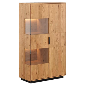 Buffet moderne en bois massif, écologique et durable, avec panneaux surélevés, découpes géométriques, vitrine à panneaux de verre, 5 pieds+, pour salon - Product Image 1