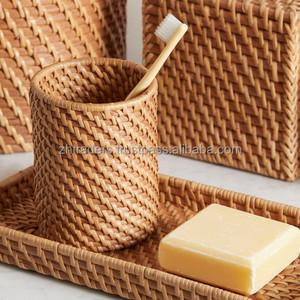 Ensemble de salle de bain en rotin rustique à sept pièces, design élégant, tissage naturel - Product Image 3