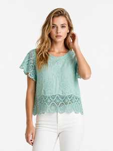 Women's Yellow Lace Floral Embroidery Short Sleeve O-Neck Bohemian <b>Top</b> Summer Pullover - Product Image 3
