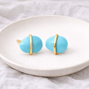 Dyed Turquoise Gemstone <b>Stud</b> <b>Earrings</b> Gold Plated Oval Faceted Bezel <b>Set</b> Minimalist Jewelry Gift for Women - Product Image 1