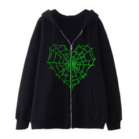 Sudadera con Capucha Oversize de Algodón 100% para Mujer Tallas Grandes, con Estampado de Telaraña Bordado, Cremallera, Estilo Casual Urbano para Otoño