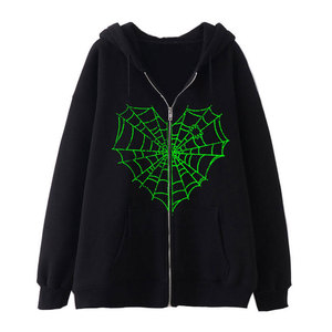 เสื้อฮู้ดดี้โอเวอร์ไซส์สำหรับผู้หญิงไซส์พลัส ผ้าฝ้าย 100% ลายปักใยแมงมุม สไตล์ลำลอง มีซิป เหมาะสำหรับฤดูใบไม้ร่วง สตรีทแวร์ - Product Image 4