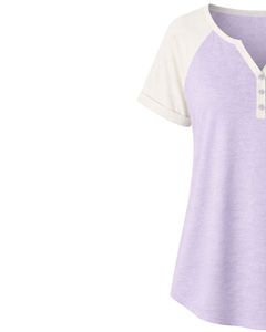 T-shirt personnalisé en coton doux pour femme, col Henley, manches courtes raglan, coupe décontractée et ample, respirant, idéal pour l'été - Product Image 3