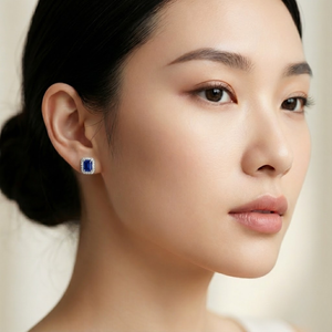 Boucles d'oreilles punk pour femmes, bijoux de haut de gamme 18k, en or blanc, massif, en diamant véritable, octogone, bleu saphir, clous pour dames - Product Image 3