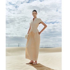 Nuevo Vestido Elegante para Mujer, Modelo ELORIA, Cuello Camisero, Midi, Jacquard Color Arena, ODM, Manga Corta, Corte en A - Product Image 2
