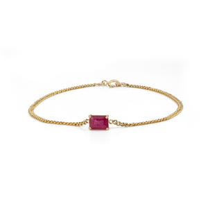Minimal & Classic Style 7x5 mm Octagon Cut <b>Ruby</b> Single Stone Cuban Link Chain <b>Bracelet</b> Women's K14 Original Yellow Gold Jewelry - Product Image 1