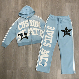 OEM Custom Applique Embroidery Vintage Oversized 400 GSM Zipper-up Heavyweight Men's Hoodie Two-piece Set - Product Image 1