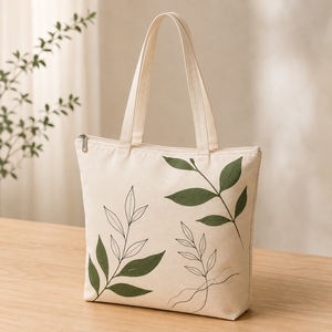 Leaf Print Canvas & Cotton <b>Tote</b> <b>Bag</b> PP Webbing Zipper Shoulder Handle <b>Medium</b> Size Reusable Shopping Carryall for Daily Travel - Product Image 3
