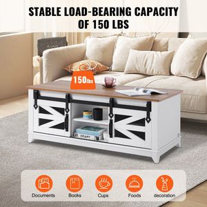 Table basse rectangulaire de style farmhouse de 48 pouces avec 2 portes coulissantes et 2 niveaux de étagères rustiques en bois amovibles - Product Image 5