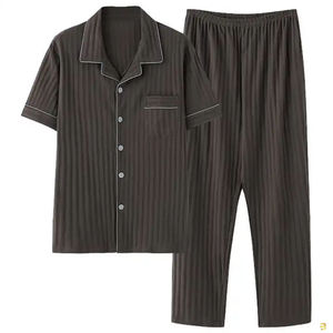 Conjunto de Pijama de Manga Corta para Hombre, Personalizado, de Algodón Tejido, Color Sólido, Cuello Camisero, Ropa de Dormir Informal para Verano - Product Image 2