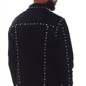 Veste en jean pour homme avec strass, col montant et logo personnalisable sur le devant, idéale pour les fêtes et le streetwear - Product Image 2