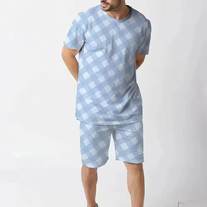 Men's Light Blue Plaid T-Shirt and Shorts <b>Set</b> Crew Neck Casual Summer Wear Breathable <b>Knitted</b> Cotton Outfit - Product Image 4