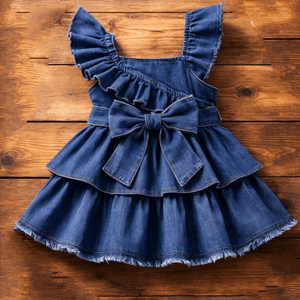 Vestido de Mezclilla con Volantes y Lazo para Bebé Niña - Product Image 1