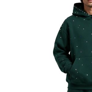 Sweat à capuche vert foncé avec strass pour homme, coupe oversize, en polaire, personnalisable avec logo, streetwear, épais, décontracté, hiver - Product Image 3