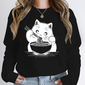 Sudaderas con Capucha para Mujer, Nueva Calidad, Diseño Kawaii de Gato Comiendo Ramen, Sudadera de Moda Casual Japonesa - Product Image 1