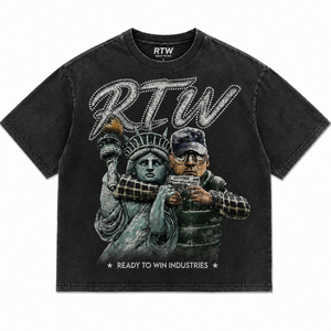Camiseta negra de manga corta para hombre RTW con estampado de la Estatua de la Libertad y estampado de hombre, estilo urbano, cuello redondo, corte regular - Product Image 1