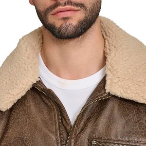 Blouson aviateur en cuir véritable marron pour homme, col rabattu, fermeture éclair, doublure en fausse fourrure, vêtement d'hiver - Product Image 4