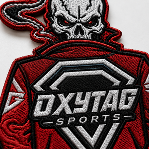 Patch brodé Oxytag Sports thermocollant, forme irrégulière, rouge et noir, en tissu tissé, badge décoratif, prix abordable, personnalisation OEM - Product Image 6