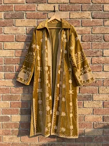 Bohemian Brown <b>Velvet</b> Suzani Long <b>Jacket</b> Embroidered With Floral Design Full Sleeve Winter Outerwear For <b>Women</b> - Product Image 4