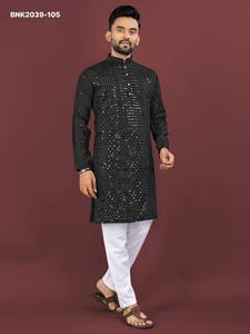 Kurta de Manga Larga y Cuello Nehru con Bordado de Lentejuelas en Seda Viscosa de Alta Calidad y Pijama de Algodón, Suministro al por Mayor - Product Image 2