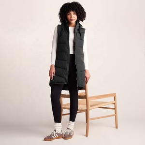 Gilet matelassé sans manches à capuche noir pour femme, long, zippé, d'hiver, en polyester, coupe-vent, décontracté - Product Image 6