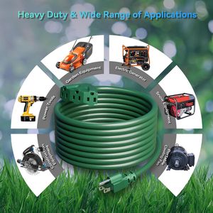 Cavo di prolunga certificato UL da 15 m con 3 prese, 13A 125V 1625W, SJTW a 3 fili con messa a terra per uso interno/esterno, colore verde - Product Image 4