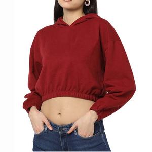 Women <b>Red</b> Nonwoven <b>Cropped</b> Hoodie Elastic Hem Long Sleeve Casual Streetwear <b>Top</b> with Front Logo - Product Image 1