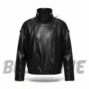 Men's Brown PU <b>Leather</b> Moto <b>Jacket</b> Stand Collar Single Button Closure Regular Fit Autumn Wear - Product Image 5