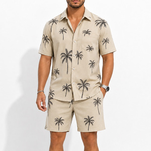Conjunto de Dos Piezas para Hombre, Camisa de Manga Corta de Secado Rápido con Estampado de Palmeras y Pantalones Cortos, Ropa de Playa Informal de Verano, Estilo Hawaiano - Product Image 2