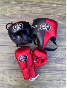 Custom Made No Boxing No Life Red and Gold Real Cowhide <b>Leather</b> Boxing Gloves Headgear Groin Guard Set Lace-Up Lightweight - Product Image 1