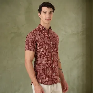 Camisa de Verano para Hombre, Manga Corta, Tejida, con Botones, Color Granate, Estampado Étnico, Cuello Camisero, Estilo Casual - Product Image 2