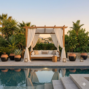 Teak Wood Canopy Daybed with Curtains <b>Memory</b> <b>Foam</b> <b>Cushions</b> Modern Mediterranean Outdoor Sofa with Back for Villa Poolside - Product Image 1