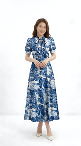 Vestido Maxi de Seda Azul Floral Elegante para Mujer, de Buena Calidad, con Manga Corta, Estampado Vintage, para Fiesta o Vacaciones - Product Image 6
