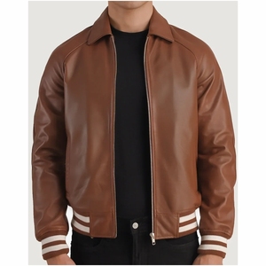 Blouson aviateur en cuir marron pour homme, manches longues, coupe-vent, style automne, design et look différents, veste respirante pour homme, en cuir. - Product Image 6
