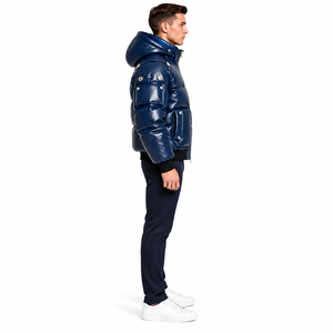 Chaqueta acolchada brillante azul marino para hombre, chaqueta de invierno con capucha y bolsillos multiusos, ropa exterior de moda con cremallera completa - Product Image 2