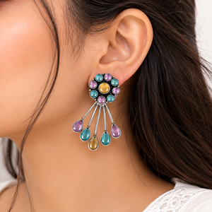Boucles d'oreilles pendantes multicolores tendance en laiton, topaze et argent vieilli, design clou, sertissage clos, pour femme, vente en gros - Product Image 2
