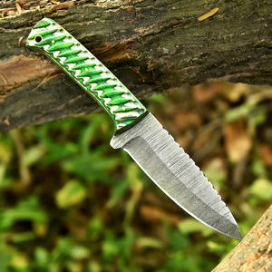 Couteau de chasse fixe en acier Damas, lame droite, manche en résine verte, pleine longueur, pointe tombante, pour camping, avec étui en cuir, offre OEM - Product Image 4