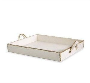 Plateau décoratif rectangulaire moderne en cuir avec finition brun foncé et poignées, pour la maison ou le bureau - Product Image 2